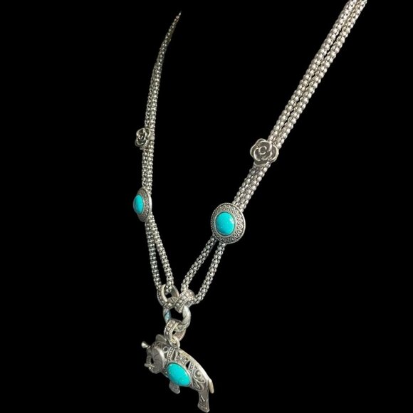 Silver Tone Turquoise Elephant Pendant Necklace Boho Chic Artisanal Spiritual - Picture 7 of 9